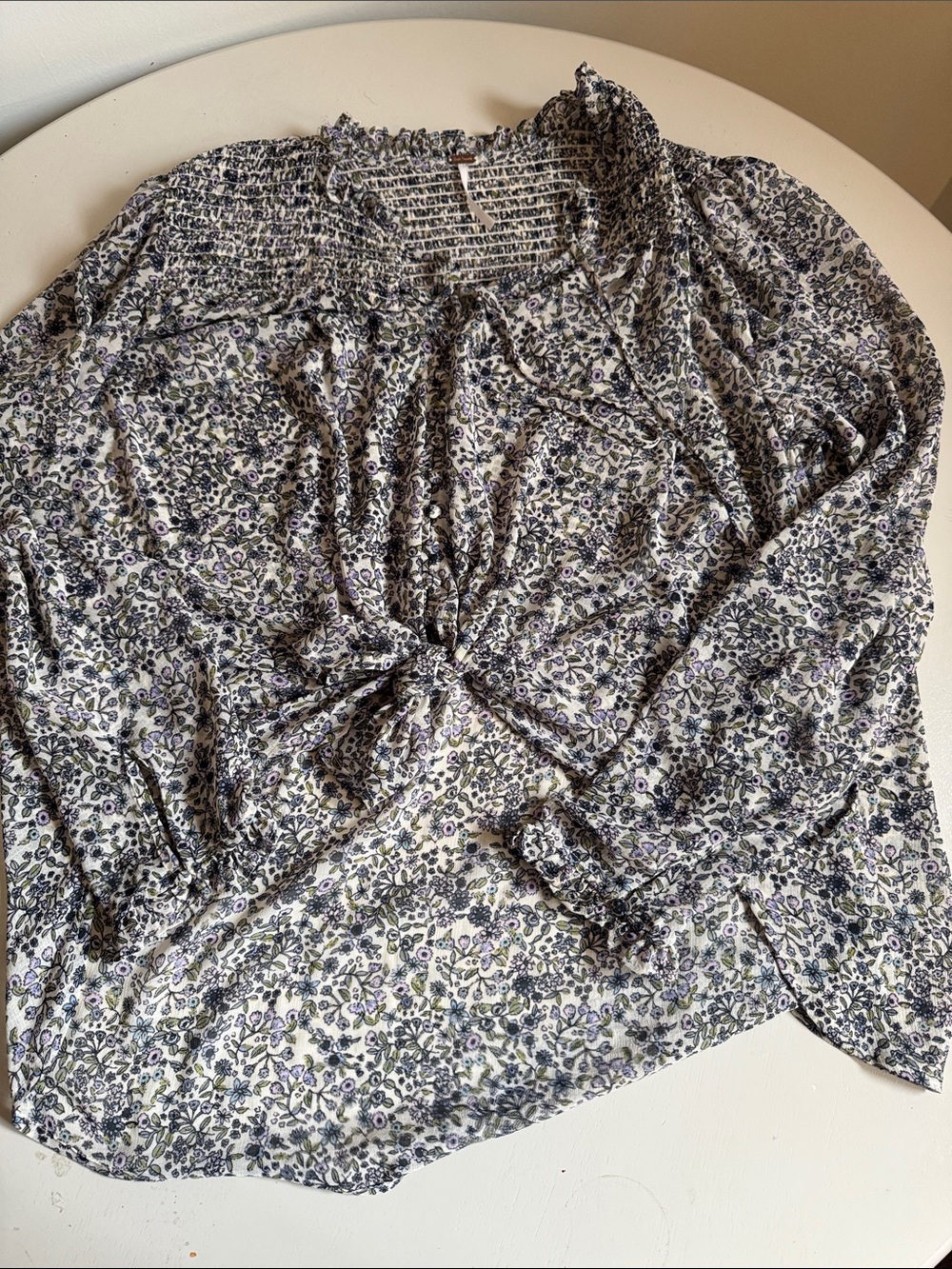 Free People White Floral Smocked Tie-Front Blouse with Blue & Purple Print